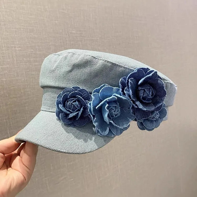 Western Style Oversized Floral Beret, Navy Sun Hat with UV Protection & Breathable Design for Women/Unisex Casual Outdoor