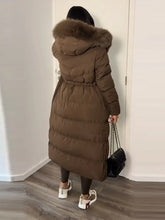 Winter Women Long Down Jacket Fur Hooded Zipper Brown Black Drawstring Padded Cotton Coats Fashion Lady All-matching Outerwear