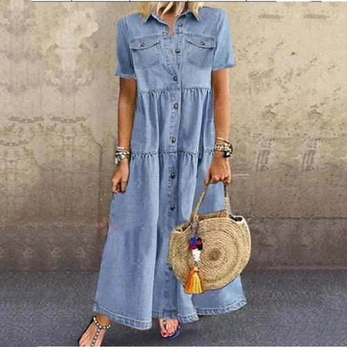 Women Denim Dress Floral Print High Waist Patchwork Pocket Cardigan Vintage Elegant Fashion Female Dress