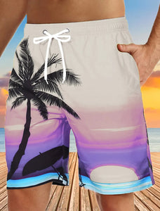 Men's Quick Dry 3D Printed Beach Shorts with Drawstring- Graphic Coconut Tree Breathable Design