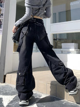 2000S Clothes Y2K Streetwear Washed Black Baggy Cargo Jeans Pants