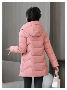 Winter Fashion Women Mid Length Down Cotton Jacket Loose Thick Warm Padded Coat Hooded Parkas