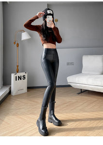 Autumn Winter Women's Leggings Pu Leather Pants Push Up Trousers Warm Black High Waist Tights