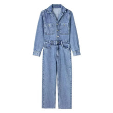 Autumn Denim Jumpsuit for Women  Long Sleeve Elegant  Turn Down Collar