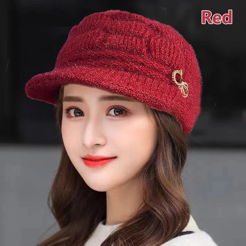 Winter Warm Hat Knitted Hat Casual Fashion Mom Cap Grandmother Hat Plush Thickened Fleece-Lined Warm Wool Christmas Gift