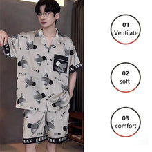Large Size Men Pajamas Set Ice Silk Cartoon Bear Short-Sleeved Student Two-Piece Cardigan Lapel Smiley Letters 3xl Code Pajamas