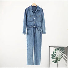 Autumn Denim Jumpsuit for Women  Long Sleeve Elegant  Turn Down Collar