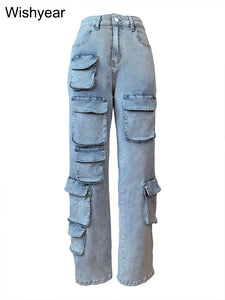 Multi Pockets Stretch Denim Cargo Pants Women Button Fly High Waist