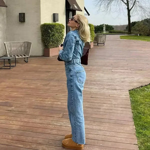 Autumn Denim Jumpsuit for Women  Long Sleeve Elegant  Turn Down Collar