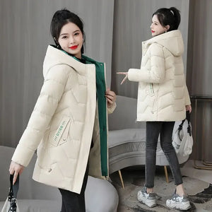 Winter Fashion Women Mid Length Down Cotton Jacket Loose Thick Warm Padded Coat Hooded Parkas