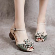 WOIZGIC Women Genuine Leather Sandals  Retro Flowers High Heel Buckle Strap