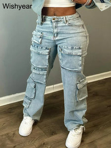 Multi Pockets Stretch Denim Cargo Pants Women Button Fly High Waist