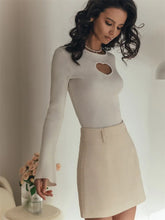 Fall Wint Heart Cut Out Ribbed Knit Tops for Women Elegant Flare Sleeve Sexy Slim Tops Basic Pullovers Streetwear