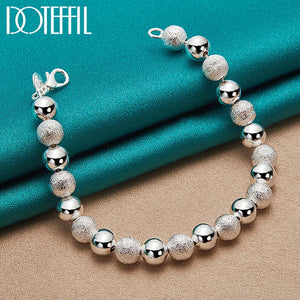 DOTEFFIL 2pcs 925 Sterling Silver Matte Smooth 8mm Bead Chain Necklace Bracelet Set For Woman Man