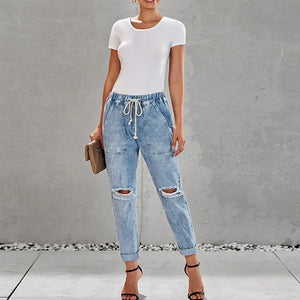 European and American denim straight leg pants with elastic oversized women's jeans ripped