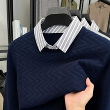 Men's Knit Sweater with Shirt Collar - Gray Vintage Style Fake Layered Business Casual Pullover Old Money Style Top