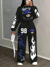 Women's Street Style Flame & Graphic Print 2-Piece Set, Loose Fit, Autumn Winter Casual Wear