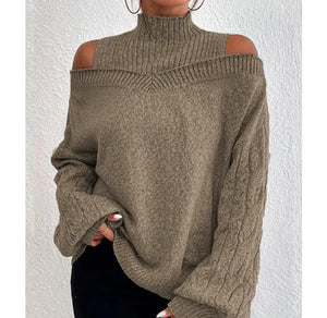 Autumn Winter Off Shoulder High Neck Long Sleeve Knit Cardigan -European & American Style