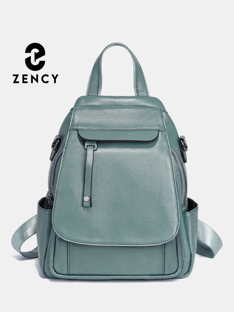 Zency Genuine Leather Women's Fashion Backpack High Quality School Travel Shoulder Bags Satchel Rucksack Multifunctional Pockets
