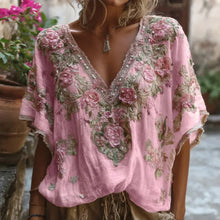 Casual Short Sleeve Loose Commute Tee-shirts Summer V-neck Jacquard Commute Blouse Fashion Lace Embroidery Floral Pullovers Tops