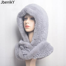 Winter Hats for Woman Fall Cap Warm Natural Fur Hat with Neck Scarves Bonnets Women Knitted Real Rex Rabbit Fur Hat Hooded Scarf