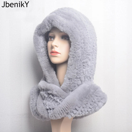 Winter Hats for Woman Fall Cap Warm Natural Fur Hat with Neck Scarves Bonnets Women Knitted Real Rex Rabbit Fur Hat Hooded Scarf