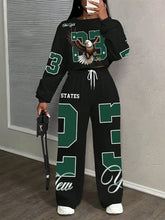 Slaydiva Casual Sports Street Style Women's Loose Fit 2 Pieces Set With Eagle, Number 23, Star And Letter Graphic,