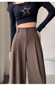 Fashion High Waist Wide Leg  Fall Baggy Black Trouser Office Ladies Full Length