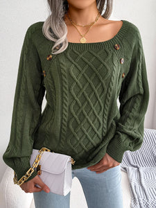 Women Casual Square Collar Buttons Long Sleeve Knitted Pullovers Sweaters