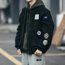 Mens American Heavyweight Padded Bomber Jacket Winter Warm Badge Patch Streetwear Fashion Trendy Coat Korean Hip Hop Parkas Male