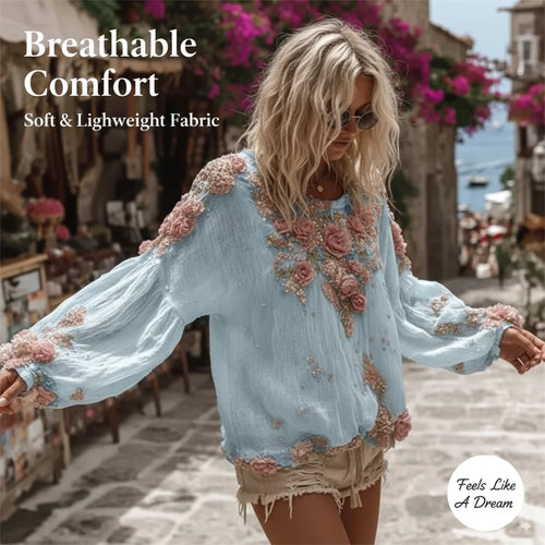 3D Flower Print Long Sleeved Breathable Autumn Shirts Female O Neck Loose Bohemian T-shirts 2025 Casual Holiday Top Blouses