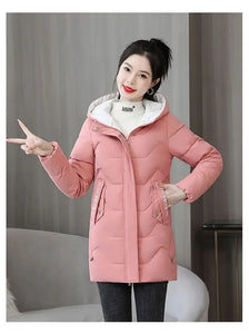 Winter Fashion Women Mid Length Down Cotton Jacket Loose Thick Warm Padded Coat Hooded Parkas