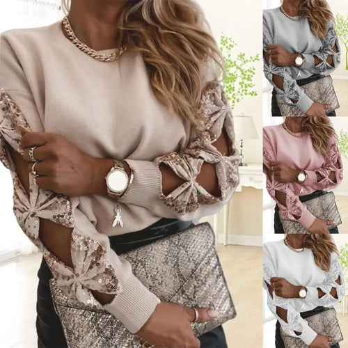 Women Sweater Elegant Sequin Knitted Sweater  ( Bow Design on Sleeves)