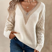 Autumn Winter Women's Sweater Fashion Knitted Long Sleeve Tops White Lace V-neck Pullovers Casual New In Knitwears 2024