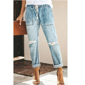 European and American denim straight leg pants with elastic oversized women's jeans ripped