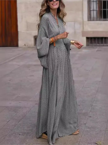 Vintage Boho Women's Casual Dress Fall Fashion V-neck Lantem Sleeve  Waist Loose Max Dresses