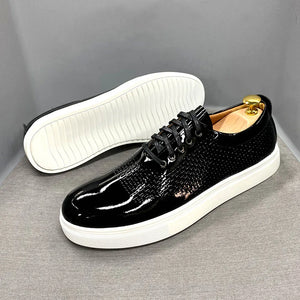 Men's Casual  Black Genuine Patent Leather High Quality Flats Italian Sneaker