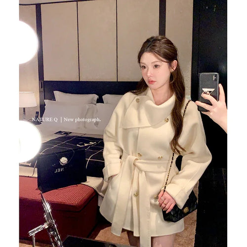 2025 Fall and Winter New Women Tops Coat Wool Blends Turn Down Collar Long Sleeve Double Breasted A Line Female Coats Clothing