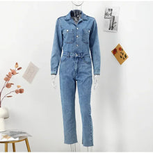 Autumn Denim Jumpsuit for Women  Long Sleeve Elegant  Turn Down Collar