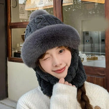 Winter Hat For Women Hooded Face Mask Fluff Keep Warm Thicken Style Neck Scarf Hooded Cap Beanie Knitted Cashmere Neck Warmer