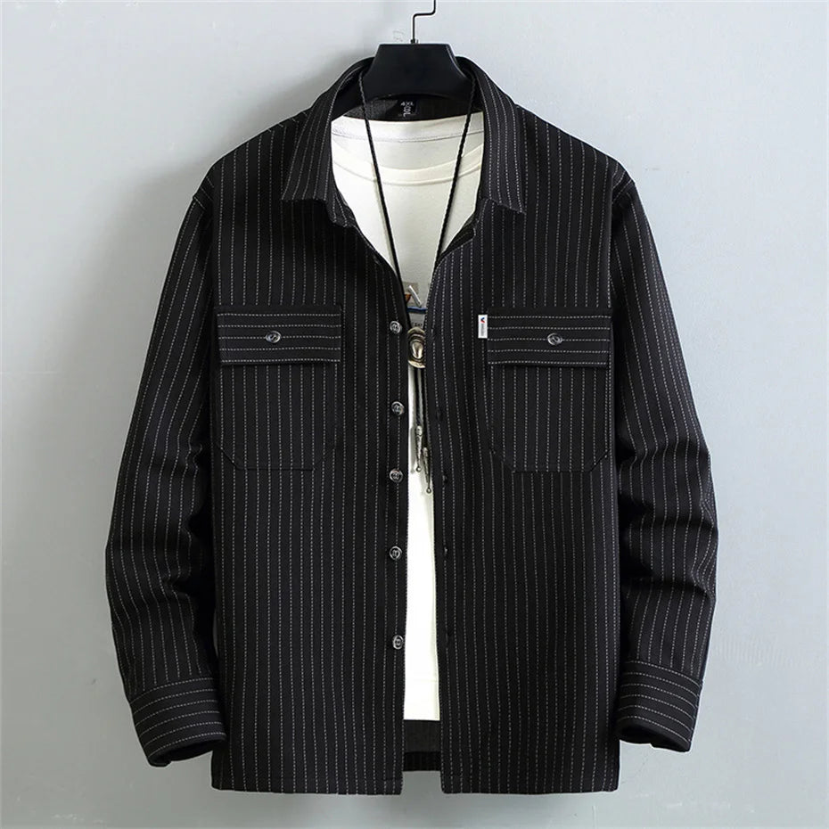 Stripe Sets Men 10XL 11XL Plus Size Suits Stripe Cargo Shirts Jacket Pants Male Fashion Casual Spring Autumn Suits Big Size 11XL