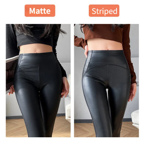 Autumn Winter Women's Leggings Pu Leather Pants Push Up Trousers Warm Black High Waist Tights