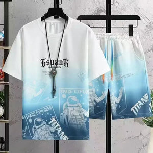 Summer New Fashion Trend Printed Short Sleeve Shorts Set Men Loose Sports Breathable Fashion Large Size Two-Piece Set