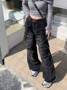 2000S Clothes Y2K Streetwear Washed Black Baggy Cargo Jeans Pants