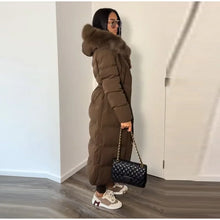 Winter Women Long Down Jacket Fur Hooded Zipper Brown Black Drawstring Padded Cotton Coats Fashion Lady All-matching Outerwear