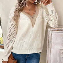 Autumn Winter Women's Sweater Fashion Knitted Long Sleeve Tops White Lace V-neck Pullovers Casual New In Knitwears 2024