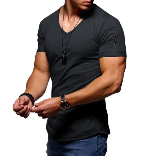 Men's Summer V Neck T Shirt Fitness Bodybuilding Short Sleeved Zipper Size S-5XL