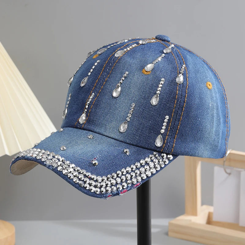Baseball Cap for Women Sequins Rhinestone Droplets Casual Sports Cap Female Denim Cloth Adjustable Hat Sunshade Hip Hop