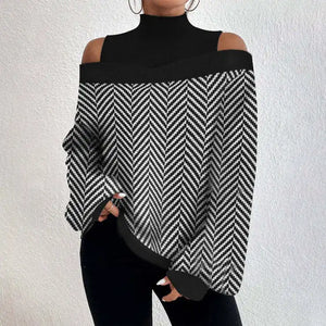 2024 Ladies Long Sleeve Turtleneck Tops Off Shoulder Hollow Out Loose