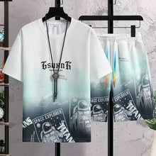 Summer New Fashion Trend Printed Short Sleeve Shorts Set Men Loose Sports Breathable Fashion Large Size Two-Piece Set